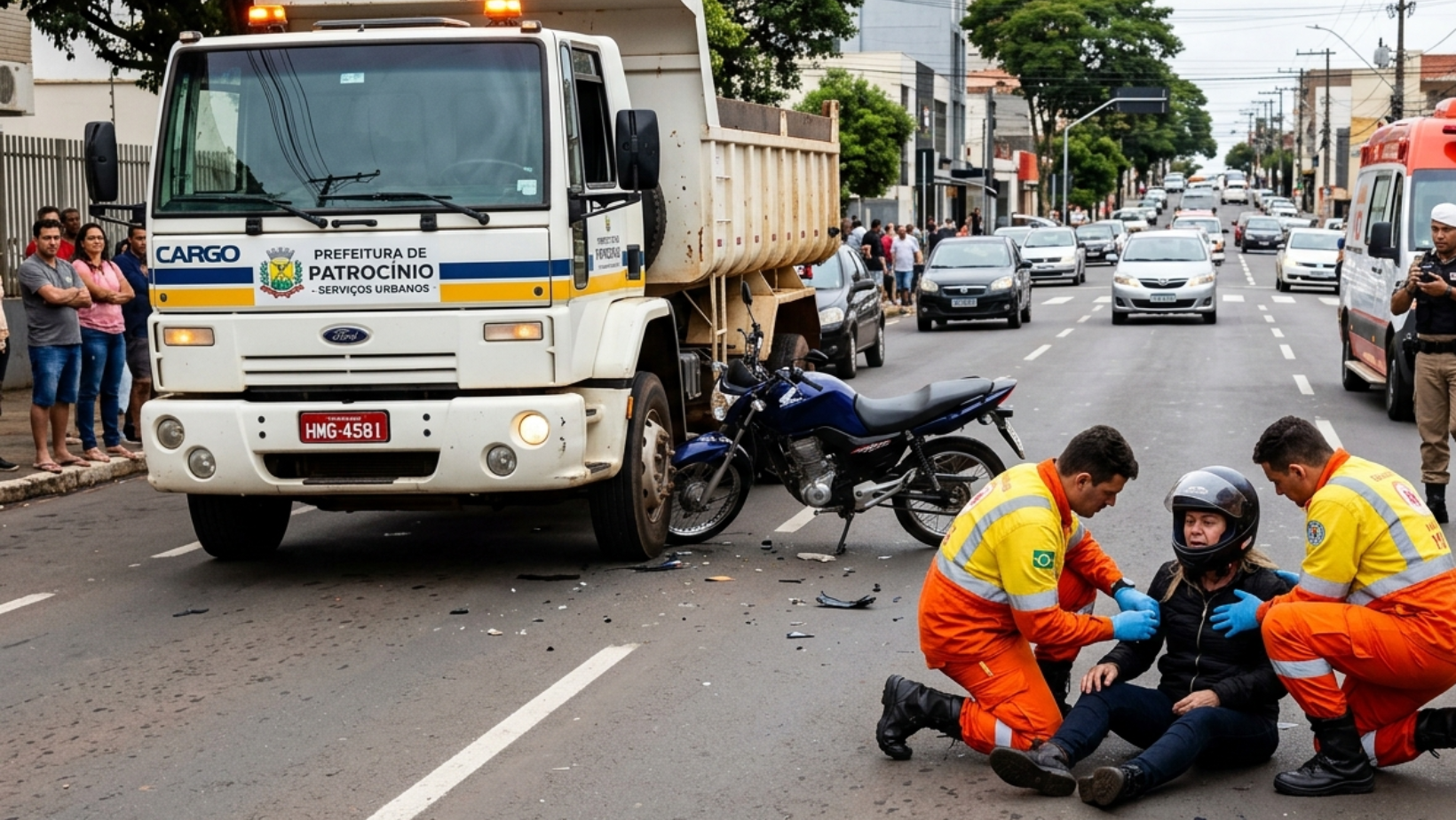 Motociclista fica ferida após colidir contra caminhão da Prefeitura na Avenida Faria Pereira