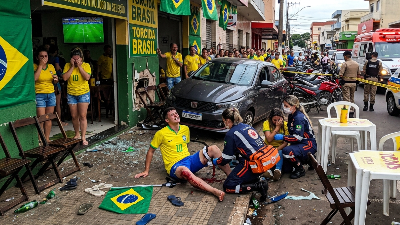 Carro invade calçada durante transmissão de jogo da Seleção e deixa três feridos em Patrocínio