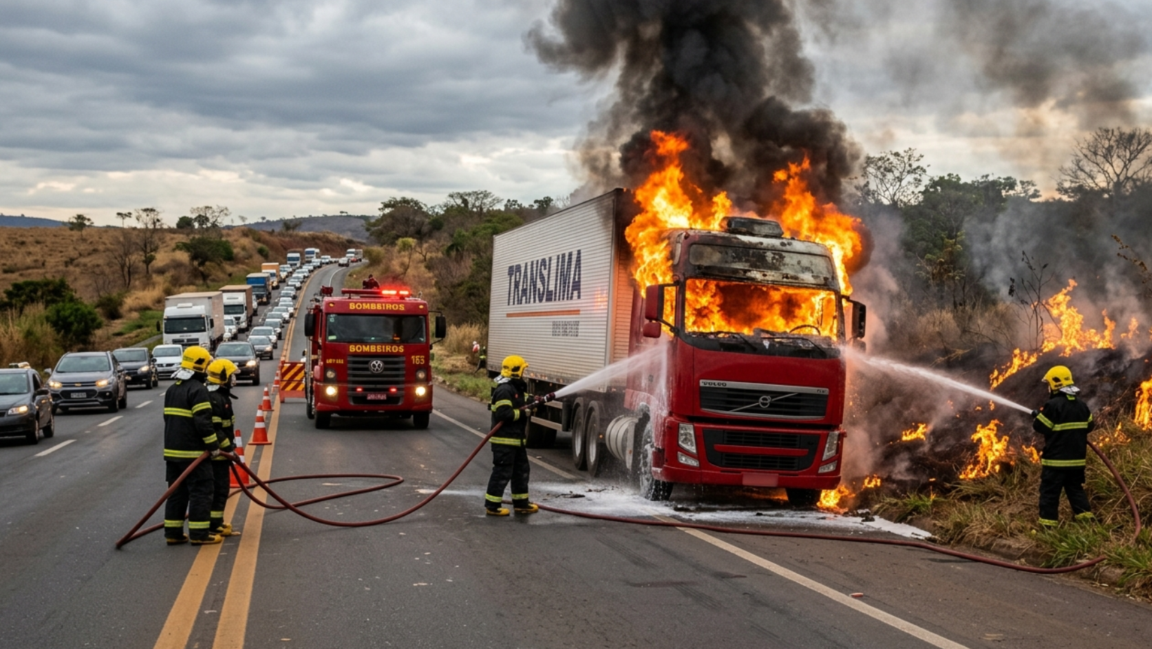 Incêndio atinge carreta na BR-365 e fogo se espalha para vegetação em Patos de Minas