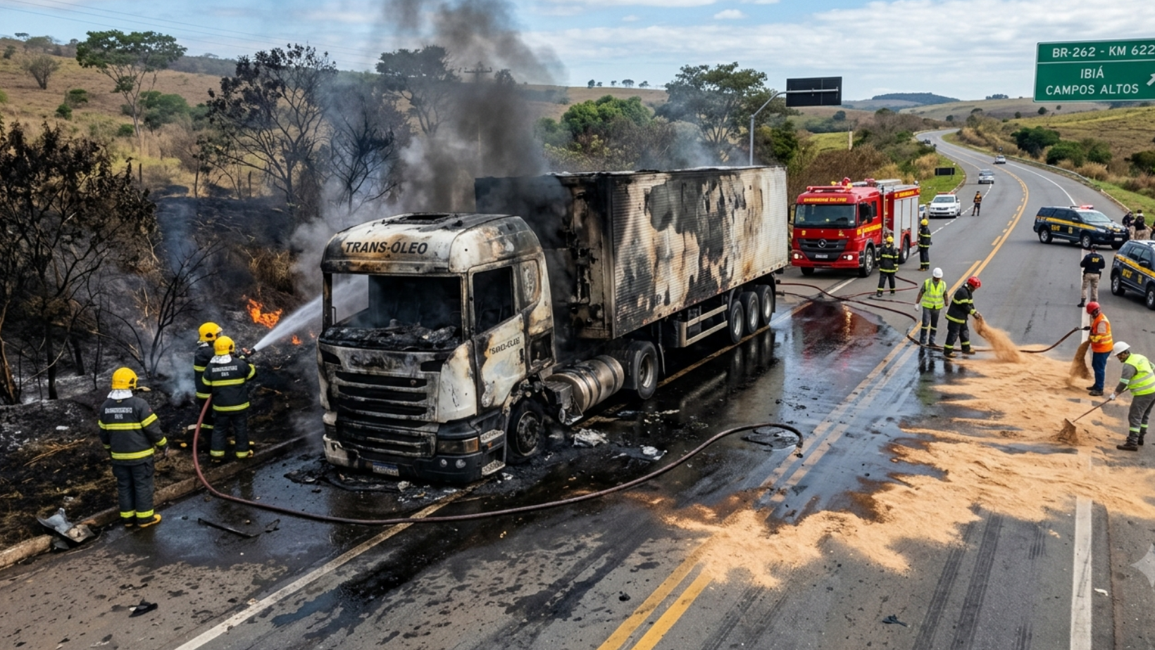 Carreta pega fogo na BR-262 em Ibiá e derramamento de óleo interdita pista