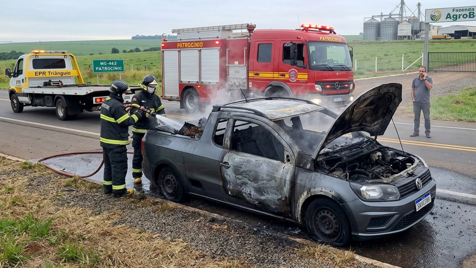 Veículo pega fogo e fica destruído na MG-462, em Patrocínio