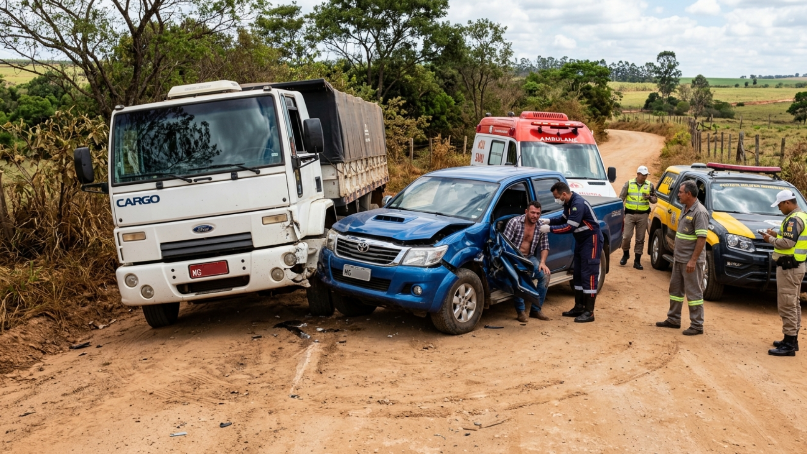 Homem fica ferido após caminhão e caminhonete baterem de frente na zona rural de Monte Carmelo