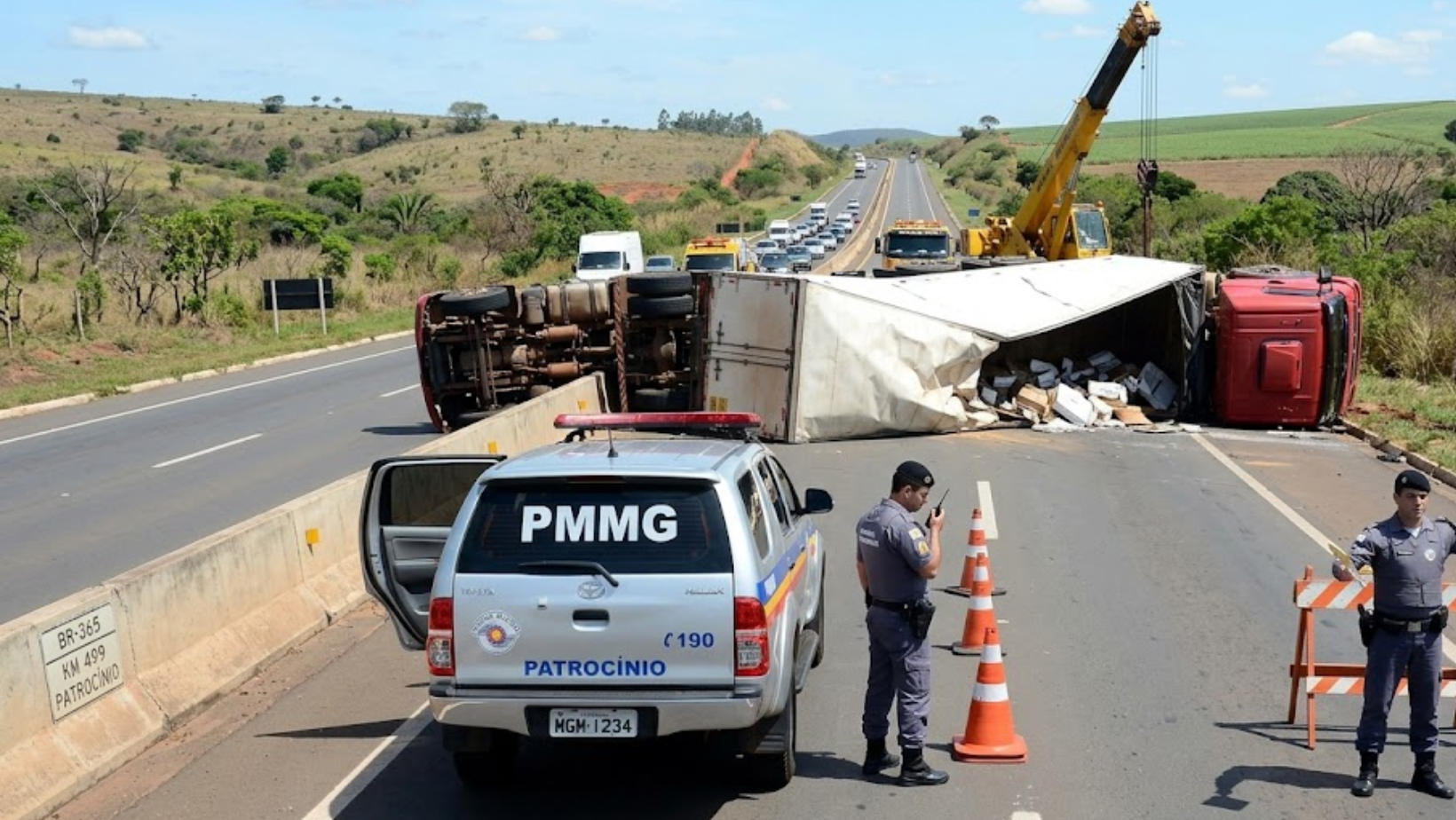 Carreta tomba na BR-365, em Patrocínio, e trânsito é totalmente bloqueado para retirada