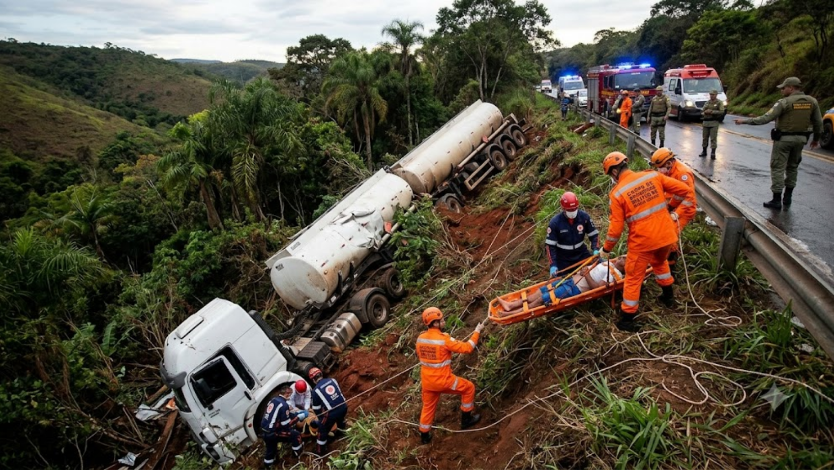 Carreta com soro de leite capota em ribanceira de 50 metros na MG-230