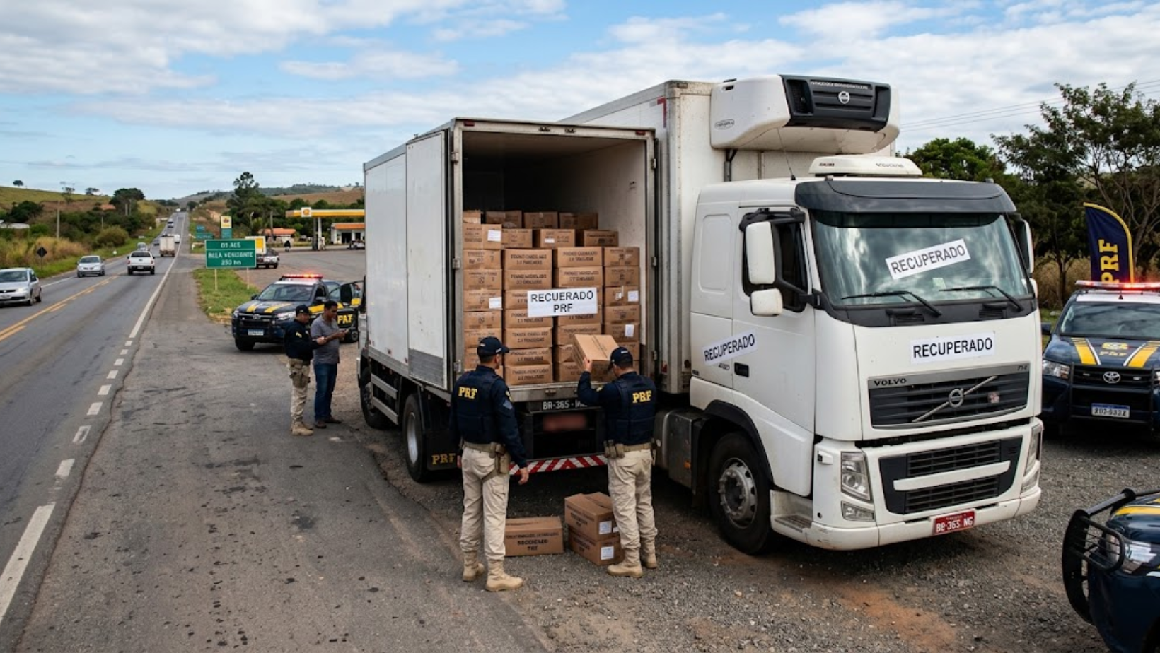Caminhão furtado é recuperado com carga de frango na BR-365